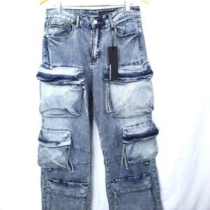 Rockstar Original Lenz Men's Baggy Cargo Blue Washed Distressed Grunge Jeans 32